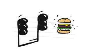 A cartoon showing two music chords written as notes and a burger