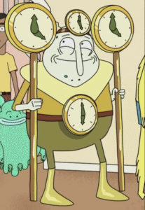 A cartoon character from Rick and Morty named Slow Mobius, holding a clock in each hand