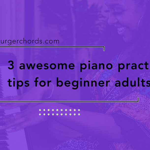 Adult woman practicing piano, wearing a colourful dress and smiling