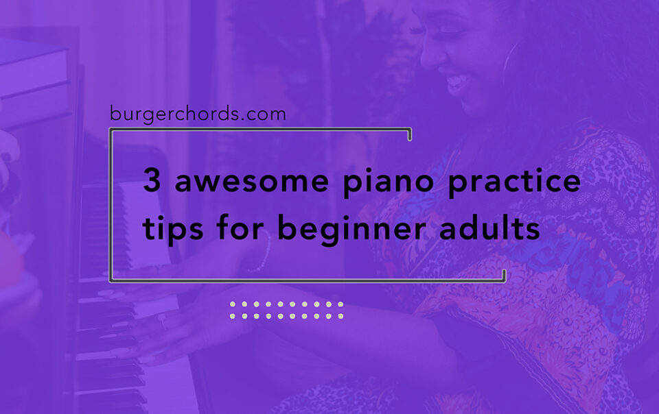 Adult woman practicing piano, wearing a colourful dress and smiling