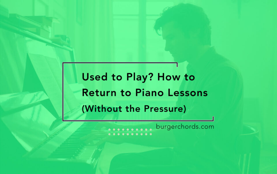 Header with blog title "Used to Play? How to Return to Piano Lessons (without the pressure)". Background image is a man sitting and playing an upright piano, with sheet music open on the piano music stand.